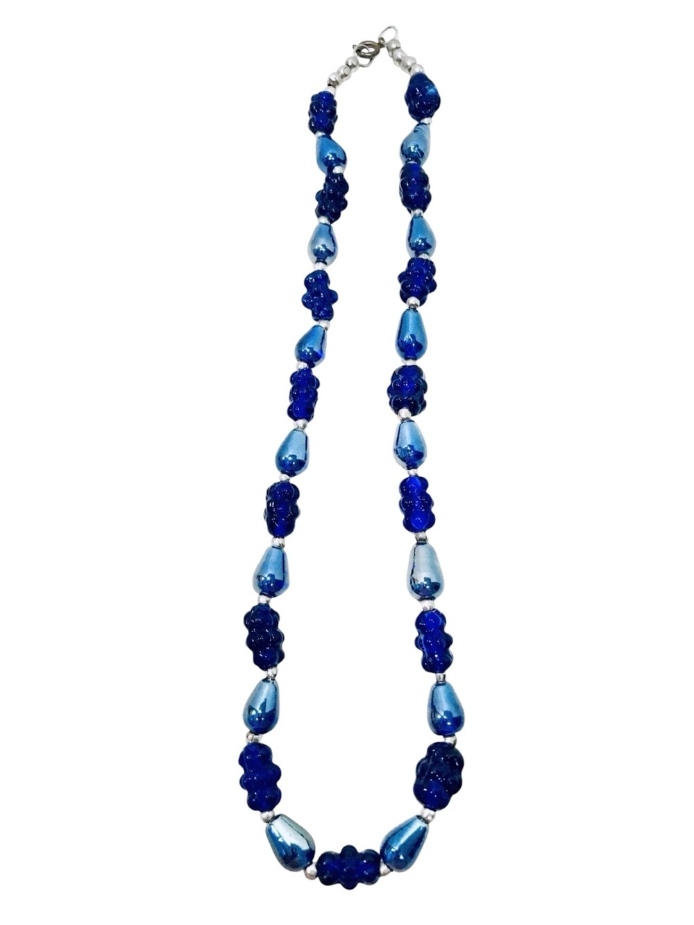 Cobalt Blue Vintage 1970’s Beautiful Carnival Glass And Silver Bead Necklace 20”